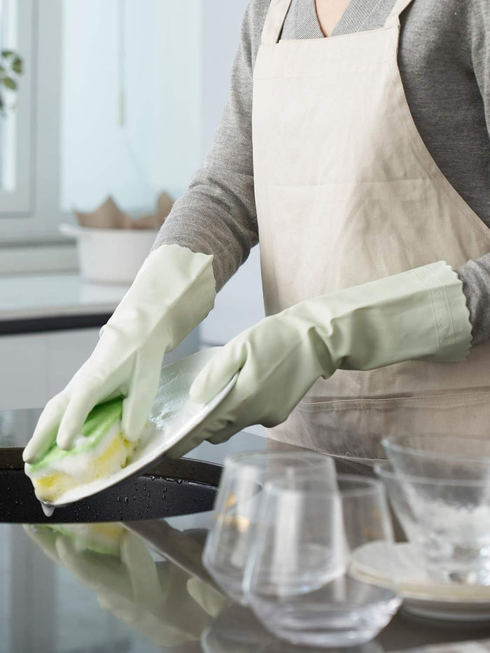 LANON 3 Pairs wahoo Skin-Friendly Cleaning Gloves, Dishwashing Kitchen Gloves with Cotton Flocked Liner, Reusable, Non-Slip, Canary Green, Small