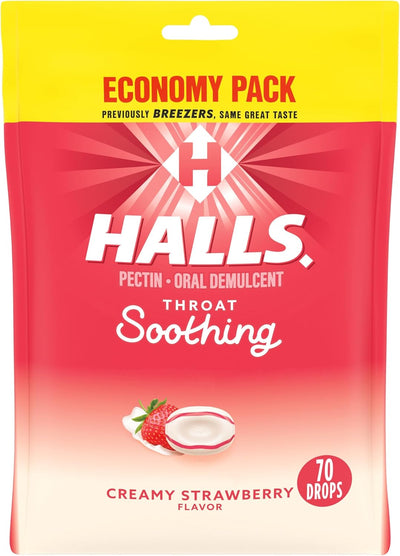 HALLS Throat Soothing (Previously HALLS Breezers) Creamy Strawberry Throat Drops, Economy Pack, 70 Drops