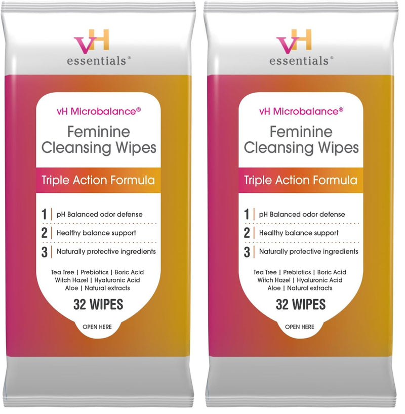 vH essentials Feminine Cleansing Wipes 32 ct. pH Balanced, Prebiotics, Tea Tree & Aloe, Soothing Witch Hazel, Odor-Blocking Formula, Vaginal and Perianal Care, Paraben, Alcohol, and Fragrance-Free