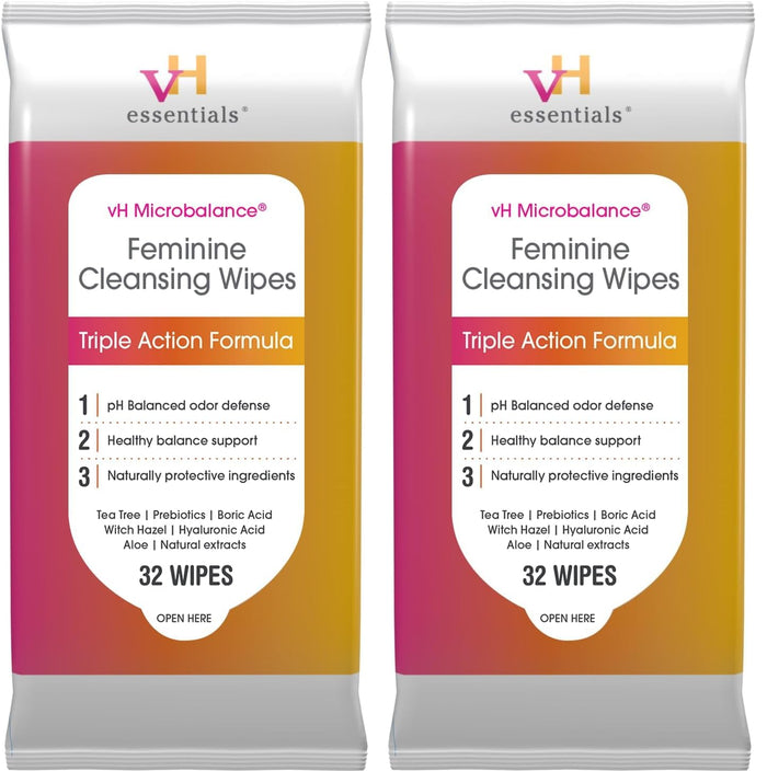 vH essentials Feminine Cleansing Wipes 32 ct. pH Balanced, Prebiotics, Tea Tree & Aloe, Soothing Witch Hazel, Odor-Blocking Formula, Vaginal and Perianal Care, Paraben, Alcohol, and Fragrance-Free