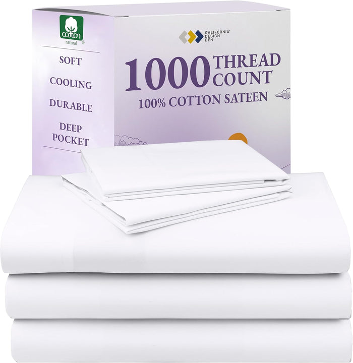 California Design Den Split King Sheets Sets for Adjustable Bed - Luxury 1000 Thread Count Sateen, Thick and Natural 100% Cotton Bed Sheets, Deep Pockets, Durable Bedding Set - White