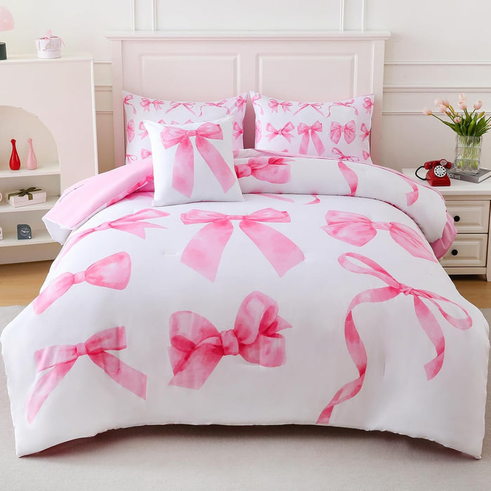 6 Pieces Twin Comforter Sets with Sheets Pink Bed in a Bag for Girls,Bow Comforter Set,Bow Twin Bedding Sets for Kids