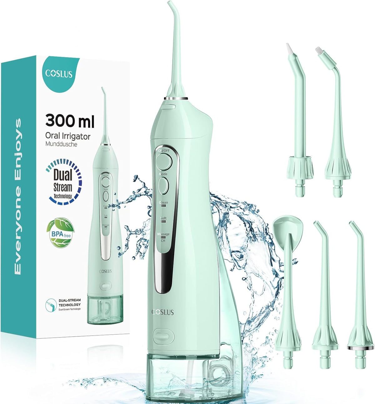 COSLUS Water Dental Flosser Teeth Pick: Portable Cordless Oral Irrigator 300ML Rechargeable Travel Irrigation Cleaner IPX7 Waterproof Electric Flossing Machine for Teeth Cleaning C20(F5020E)