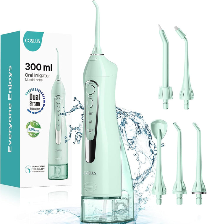 COSLUS Water Dental Flosser Teeth Pick: Portable Cordless Oral Irrigator 300ML Rechargeable Travel Irrigation Cleaner IPX7 Waterproof Electric Flossing Machine for Teeth Cleaning C20(F5020E)