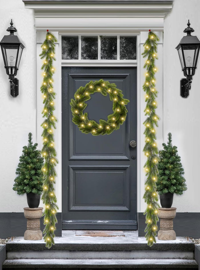 9FT Real Touch Norfolk Pine Garland Christmas with Light Winter Artificial Faux Greenery Garland Table Mantle Stairs Fireplace Wall Decor Outdoor Indoor Porch Home Decorations (Battery Not Included)