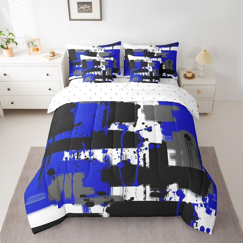 Feelyou Modern Abstract Art Bed Set for Kids Boys Girls Twin Size Art Decor 7 Pieces Beeding Set Ultra Soft Stripe Line Art Bed in a Bag with Comforter, Sheets, Pillowcases Retro Geometric Room Decor