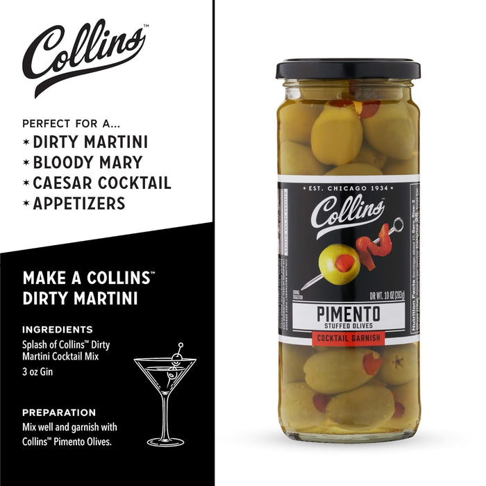 Collins Colossal Martini Pimento Olives | Premium Garnish for Cocktails, Martinis, and Salads, Snack Trays, Charcuterie, Cheese Plates, Condiment Olives 10oz