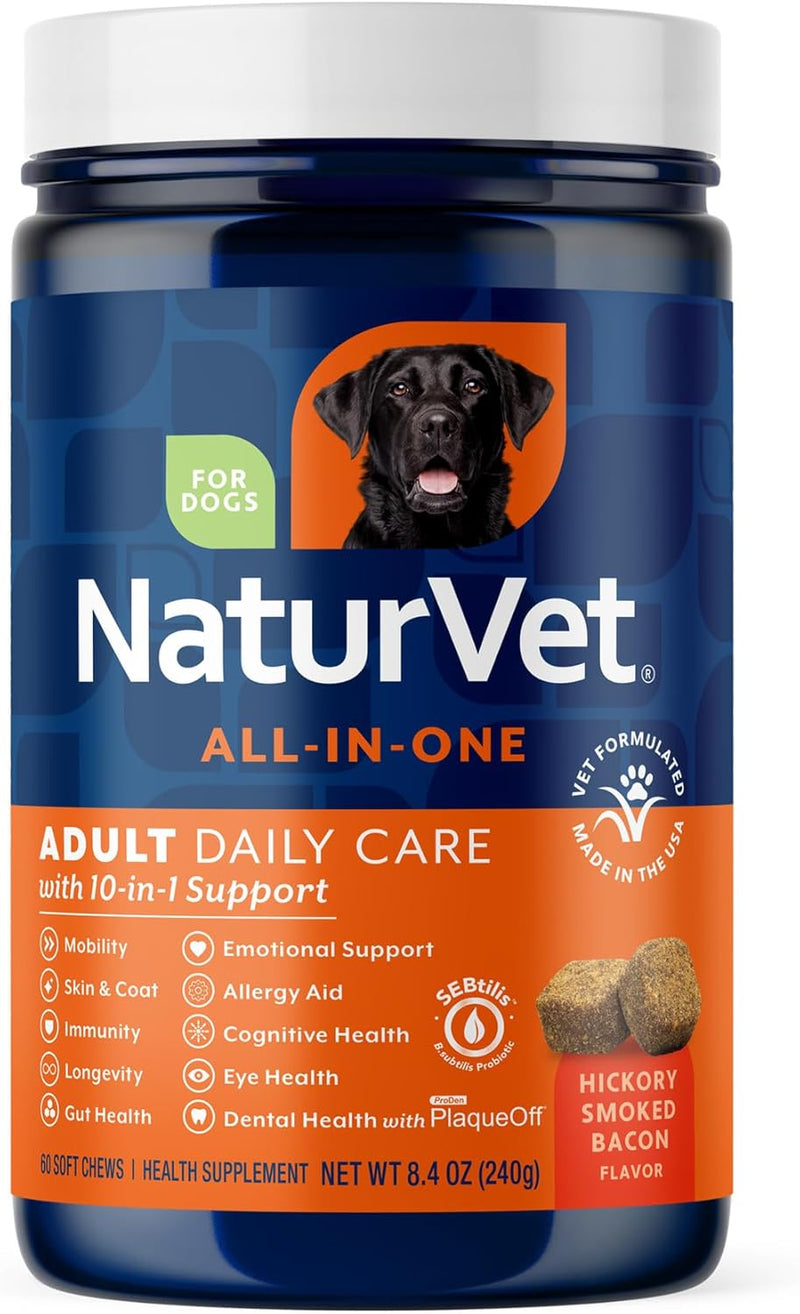 NaturVet All-in-One Dog Supplement - for Joint Support, Digestion, Skin, Coat Care – Dog Multivitamins with Minerals, Omega-3, 6, 9 – Wheat-Free Vitamins for Dogs – 120 Soft Chews