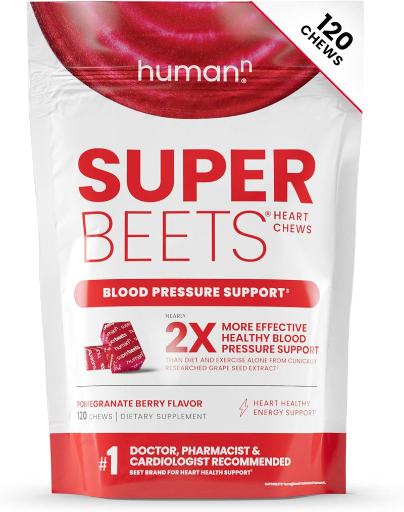 HumanN SuperBeets Heart Chews, Nitric Oxide and Blood Pressure Support, Grape Seed Extract & Non-GMO Beet Root Powder Energy Supplement, Pomegranate Berry Flavor, 60 Count