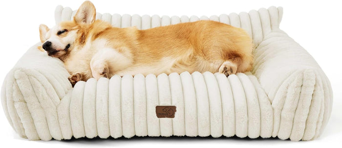 Bedsure Cute Cat Couch for Pets - Fluffy Cat beds with Premium Soft Corduroy Fleece, Fuzzy Cats beds for Indoor Cats with Removable Washable Cover, Supportive Pet Sofa, 24inch, Cream