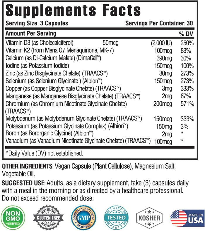 KAPPA NUTRITION (90 Capsules,Vitamin K2, Vitamin D3, Zinc, Selenium, Vanadium, Copper, Manganese, Potassium, Molybdenum, Calcium, Chromium, Iodine, Boron, Mineral 13 in 1 Advanced Complex, from