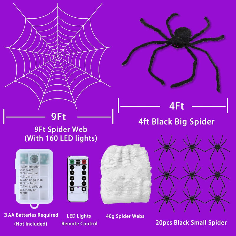 Halloween Decorations, 9FT Diameter Spider Web Lights with Black 4FT Spider, 160 LED Waterproof Net Lights, Remote Control, 8 Modes Cobweb for Yard House Garden Outdoor Indoor Party Haunted Decor