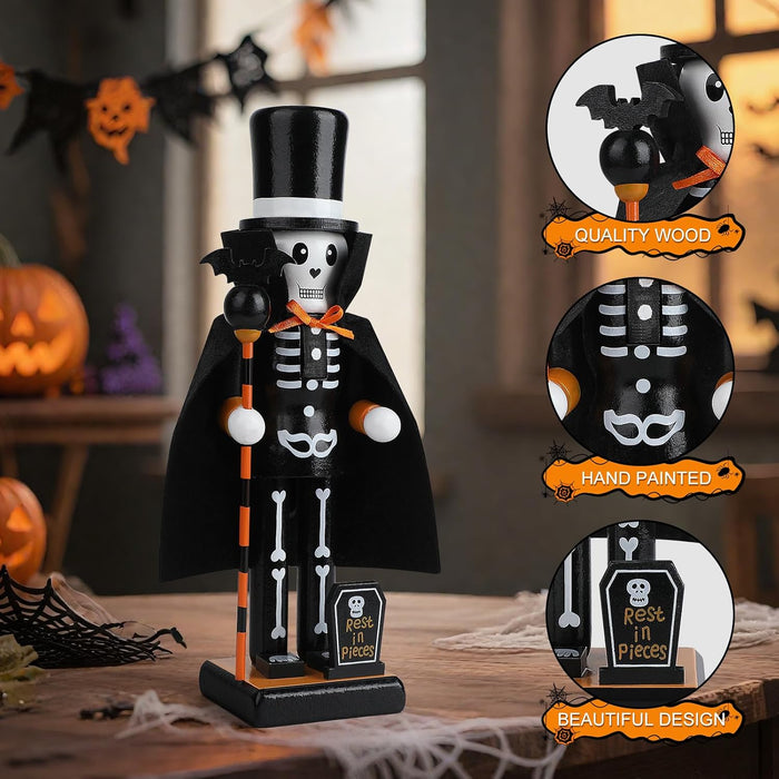 10" Halloween Decorative Nutcrackers, 2 Skeleton, Pumpkin Handmade Wooden Puppet Figures, Collectible Festive Present Figurine Shelves Tables Decorations