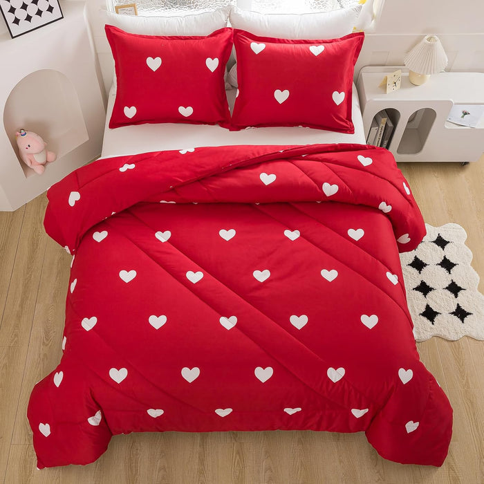 Caressma Love Pattern Girls Pink Comforter Set Full Size, Blush Pink Cute Love Heart Sexy Comforter Bedding Set for All Seasons, Geometric Microfiber 3 Pieces Comforter Set with Pillowcases