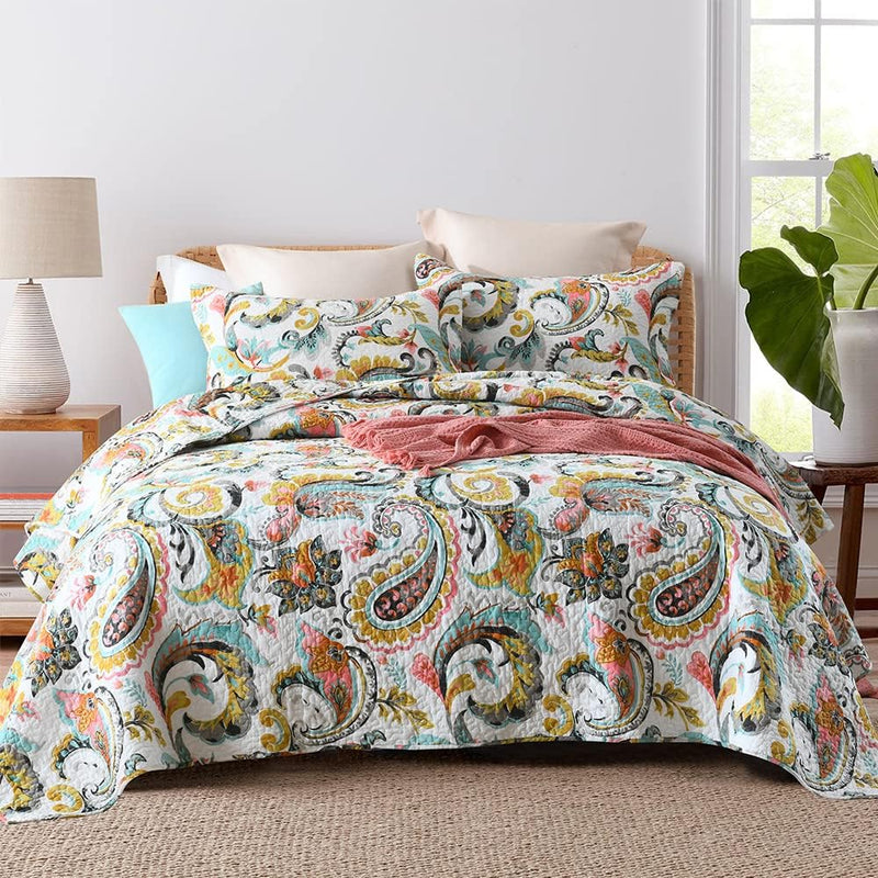 Autumn Dream Cotton Bedspread Quilt Sets, 3 Pieces Reversible Comforter Coverlet Sets, Classical Damask Paisley,King Size