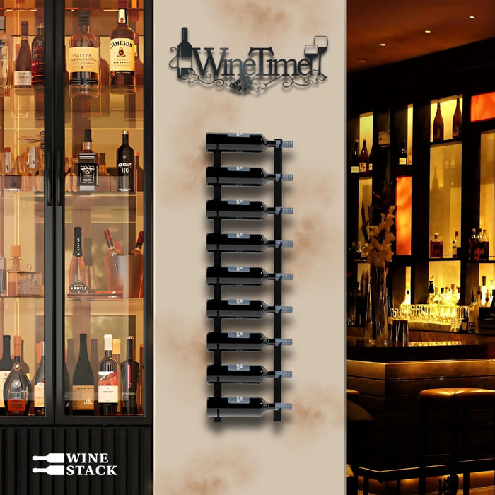 9-Bottle Black Metal Wall Mounted Wine Rack – Modern Industrial Wine Bottle Storage Organizer for Home Bar, Kitchen, Dining Area & Wine Cellar