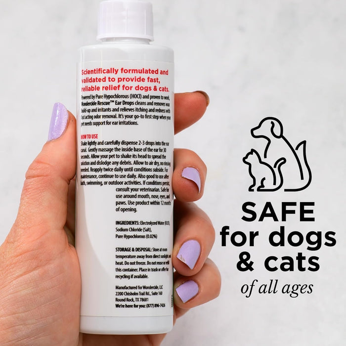Wondercide Rescue - Ear Drops for Pets - Cleans and Removes Wax Build-Up and Irritants for Dogs and Cats - Relieves Itching and Redness with Pure Hypochlorous - 4 oz