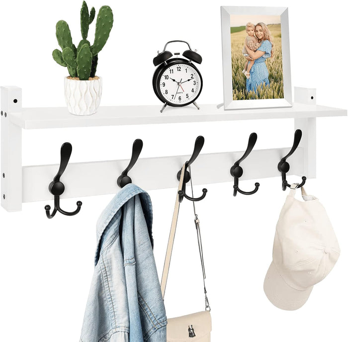 Homode Coat Rack with Shelf, 24" Coat Hooks Wall Mounted with Shelf, Wooden Hanging Coat Hanger with Tri Hooks for Entryway, Bathroom, Mudroom, Bedroom, Black