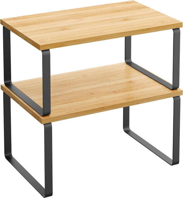 SONGMICS Cabinet Organizer Shelf, Set of 2 Kitchen Counter Shelves, Kitchen Storage, Spice Rack, Stackable, Expandable, Metal and Engineered Wood, Ink Black and Natural Beige UKCS02NB