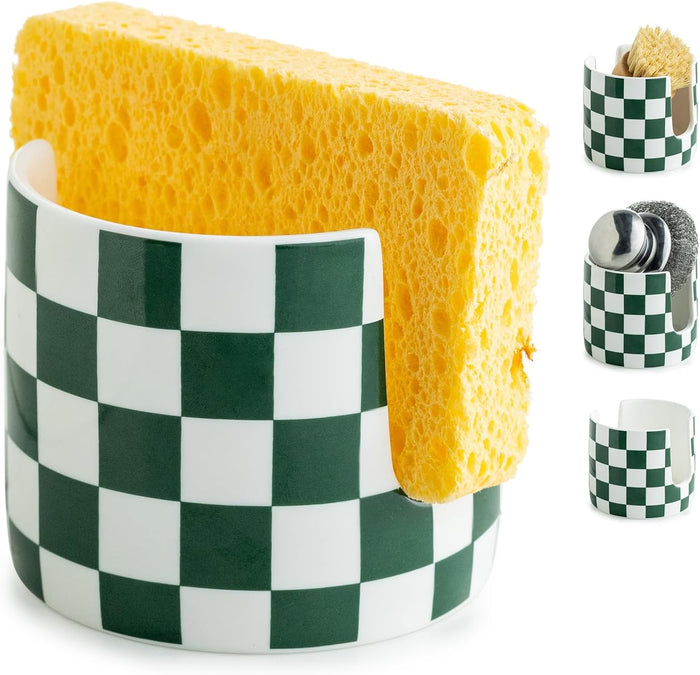 Checkered Sponge Holder for Kitchen Sink, Ceramic Dish Sponge Dish Rack Scrubby Holder Kitchen Organizer Cute Sink Caddy Organizer, Farmhouse Decor, Black and White