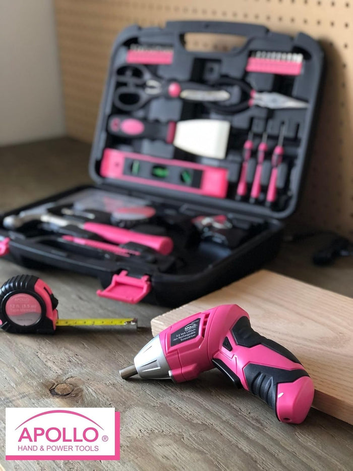 Apollo Tools 135 Piece Household Pink Hand Tools Set with Pivoting Dual-Angle 3.6 V Lithium-Ion Cordless Screwdriver - DT0773N1