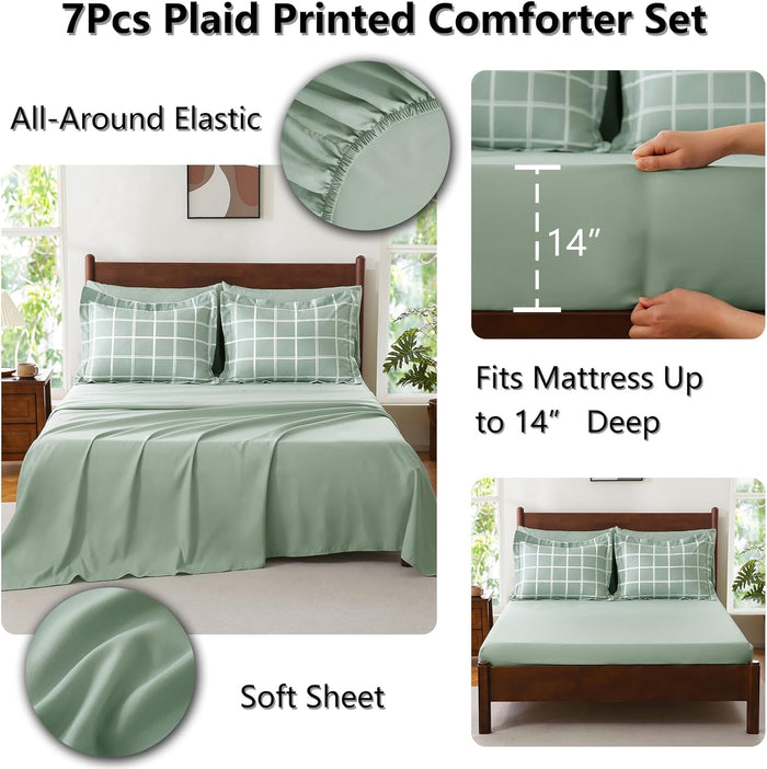 CozyLux King Size Comforter Set Sage Green - 7 Pieces Plaid Bed in a Bag Set, Soft Bed Set King Bedding Sets with All Season Quilted Comforter, Flat Sheet, Fitted Sheet, Pillowcases & Pillow Shams