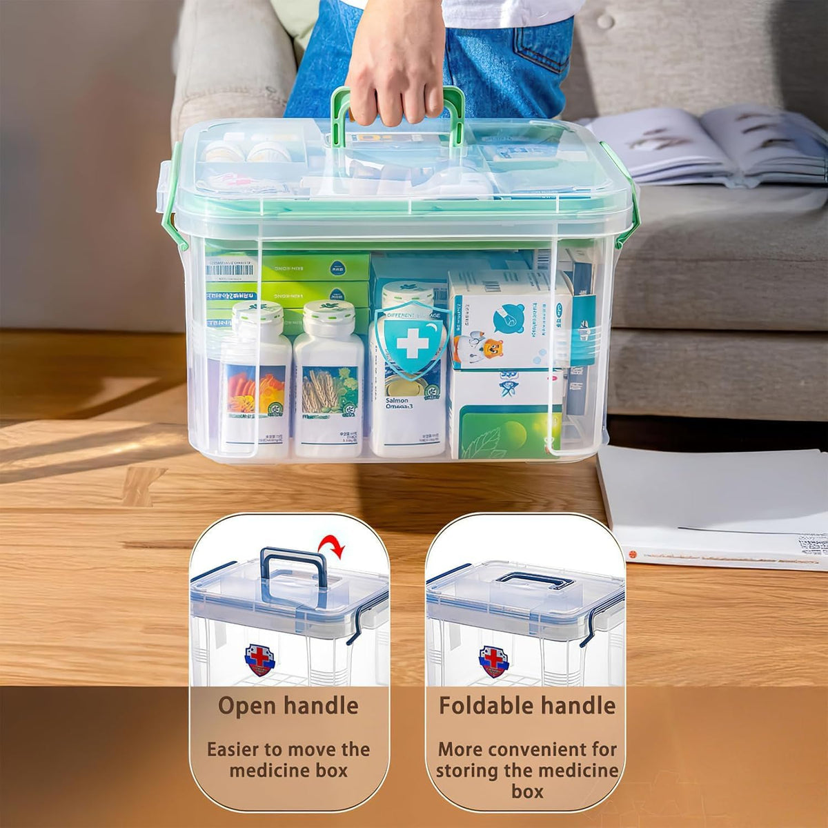 1-Pack Clear Storage Box Container,Family First Aid Box Medicine Box Organizer Plastic Medicine Storage Kit,First Aid Storage Box with Handles, Clear Household First Aid Organizer