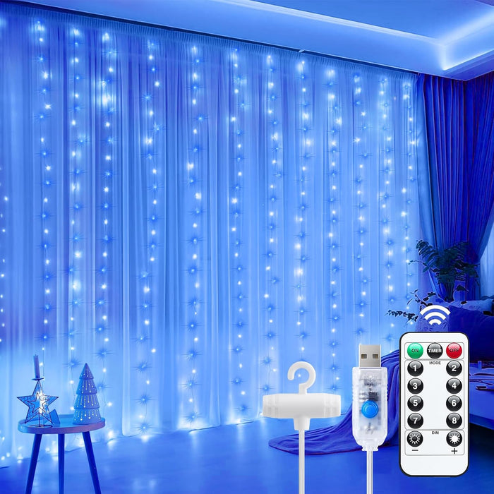 Minetom Curtain Lights, 300 LED Dimmable Fairy Lights with Remote and Timer, 8 Modes, USB Powered String Lights for Room Wall Party Xmas Indoor Decor, Warm White