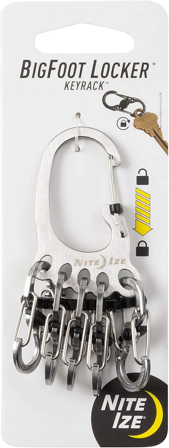 Nite Ize Bigfoot Locker KeyRack - Stainless Steel Holder for Car, House & Other Keys - Carabiner with S-Biners - Holds 15 Keys at Once - Carry Everyday Essentials - Silver