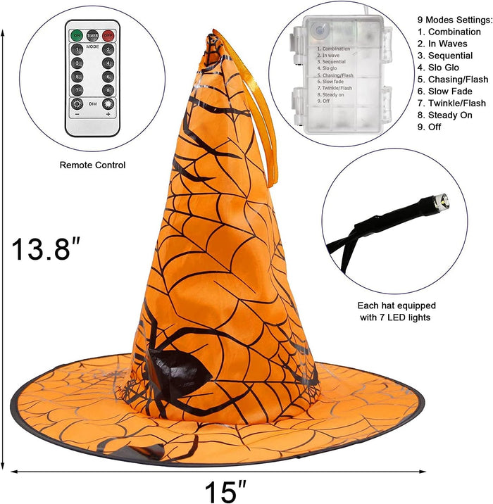 Dazzle Bright 8 Pcs Hanging Witch Hat String Lights, Light Up Waterproof Halloween Decorations with Remote Control for Outdoor Garden Party Carnival Supplies Decor
