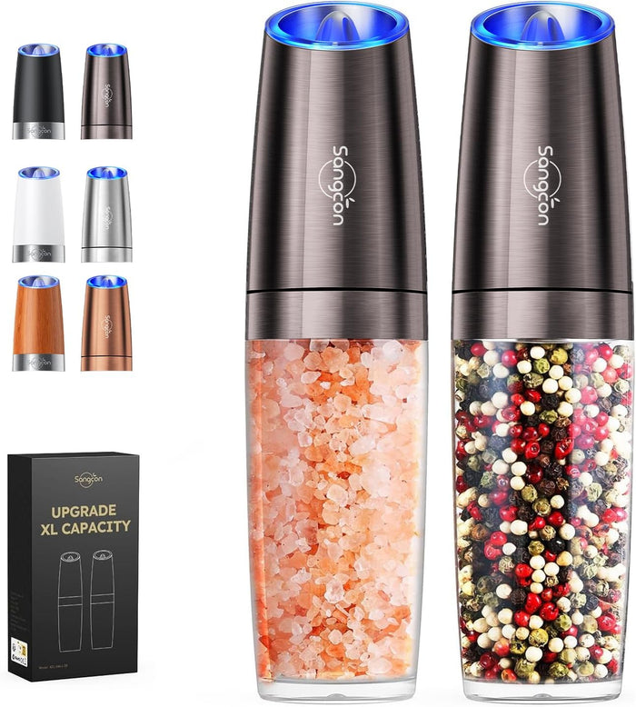 Sangcon Gravity Electric Salt and Pepper Grinder Set Automatic Shakers Mill Grinder with LED Light, BATTERY POWERED Adjustable Coarseness One Hand Operation, Upgraded Larger Capacity