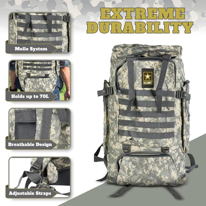 US Army 70L Large Tactical Backpack with Water Bottle Pouch - Military Backpack Molle System Breathable Back Padding - Hiking, Camping & Trekking Backpack for Men & Women (Camo)