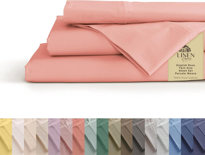 Linen Home 100% Cotton Percale Sheets Queen Size, Ivory, Deep Pocket, 4 Pieces Set - 1 Flat, 1 Deep Pocket Fitted Sheet and 2 Pillowcases, Crisp Cool and Strong Bed Linen