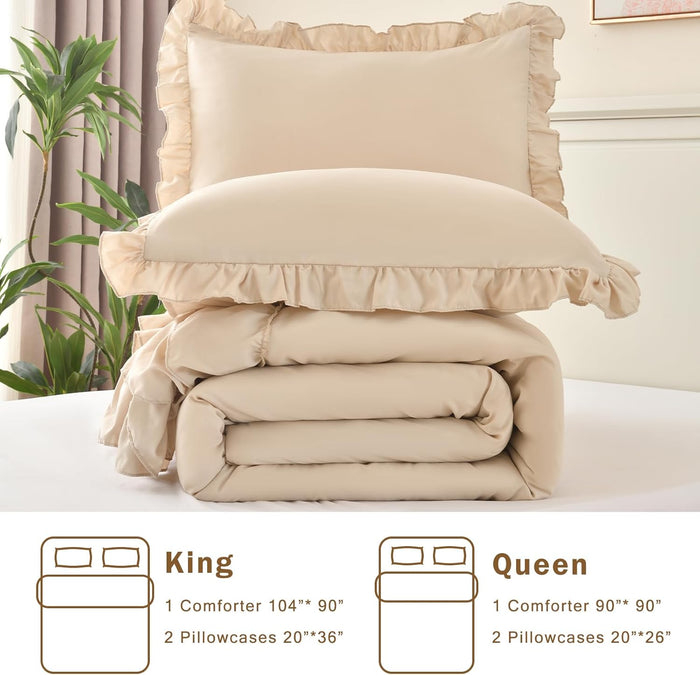 Cupocupa Beige Queen Comforter Set, 3Pcs Comforters Ruffle Farmhouse Bedding Sets Queen with Comforter, Lightweight Soft Shabby Chic Bedding Comforter Set Fluffy for All Season