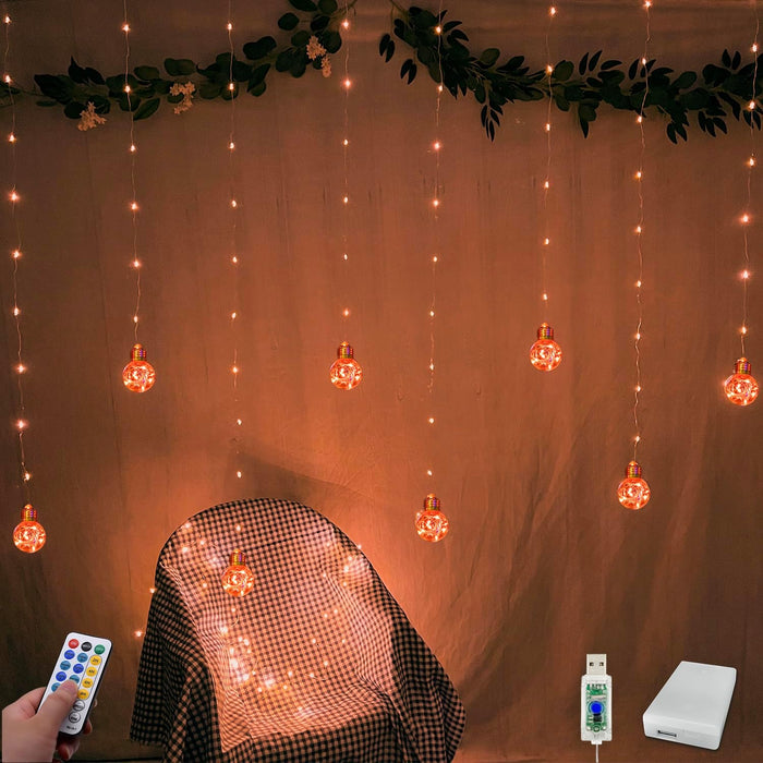 YOLIGHT Wishing Ball Curtain Lights 200 LED Window Curtain String Lights with Remote, USB Battery Powered Twinkle Globe Fairy Lights for Wedding Party Bedroom Christmas Decoration (Warm White)