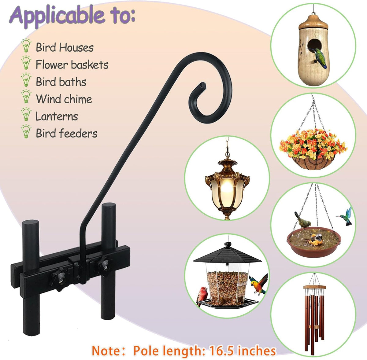 Deck Hook Rail Suitable for Hanging Flower Baskets Wind Chimes Planters Bird Feeders Lights, Heavy Duty Fence Deck Hook Rail Holds up to 15lbs with Ease Note: Pole Length: 16.5 inches