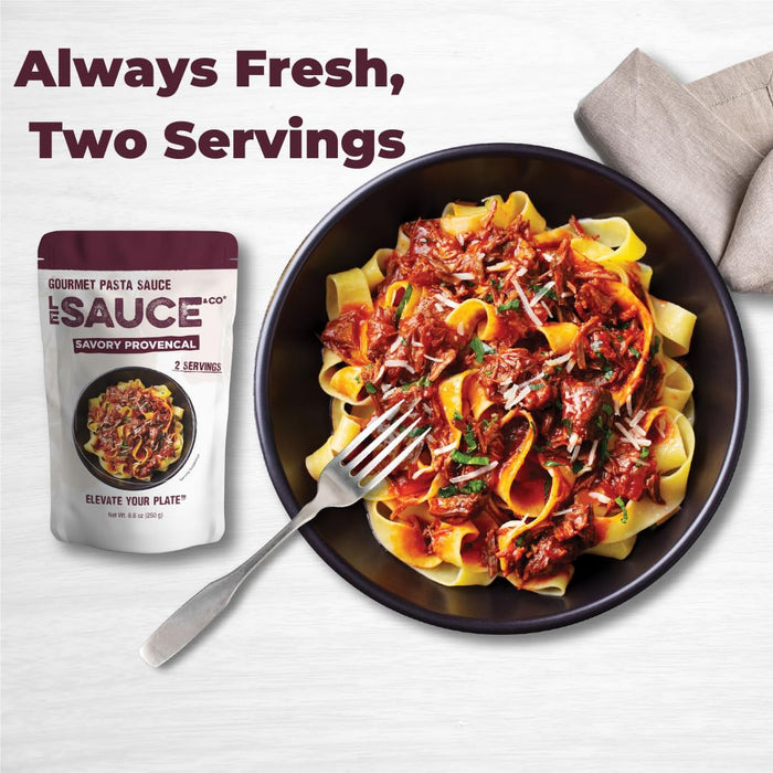 Always Fresh, Two Servings, Savory Provencal Gourmet Pasta Sauce (2-pack), Le Sauce & Co., Imported Italian San Marzano Tomatoes, Tomato Sauce, Spaghetti Bolognese, All Natural Spaghetti Meat Sauce
