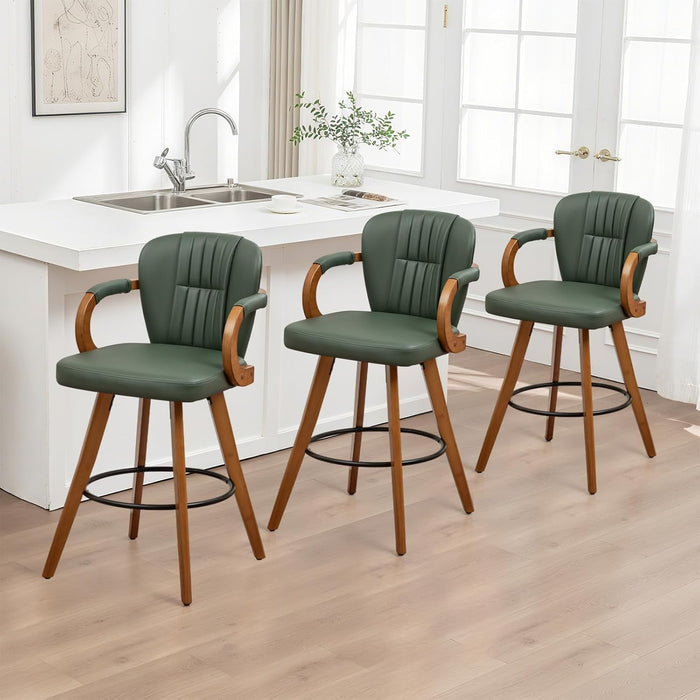 26" Swivel Counter Height Bar Stools with Back, White Faux Leather Kitchen Island Bar Chairs with Arms,Spliced Pleated Wingback Barstools for Bar/Kitchen/Dining Room,Set of 3