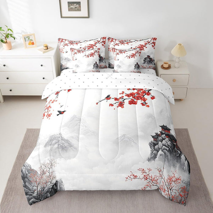 Feelyou Cherry Blossoms Bed Set for Kids Boys Girls Twin Size Sakura Flower 7 Pieces Beeding Set Ultra Soft Japanese-Style Bed in a Bag with Comforter, Sheets, Pillowcases Floral Botanical Room Decor