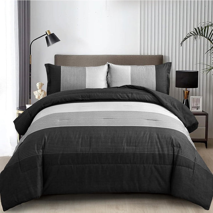 WONGS BEDDING Black Comforter Set Full, Reversible Black Grey Stripe Down Alternative Comforter for All Season,3 Pieces(1 Patchwork Comforter+2 Pillowcases), Soft Microfiber Bedding Set 78”×90”