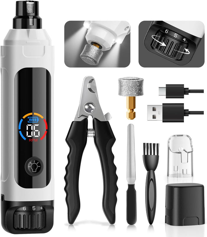 Dog Nail Grinder, 6-Speed Quiet Electric Dog Nail Trimmers, Dog Nail Clippers with File for Small Medium Large Dogs, Cats, Rechargeable Pet Paw Grooming Supplies Kit, 2 Grinding Wheels (Black)