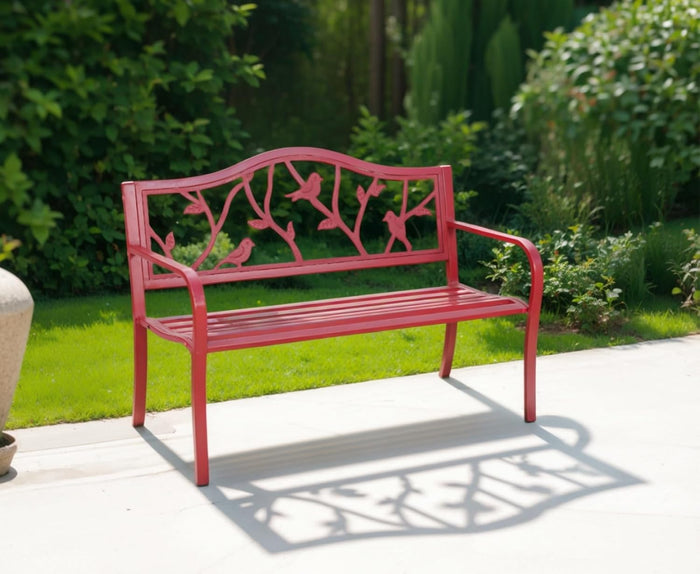 MFSTUDIO 50 Inches Outdoor Garden Bench, Cast Iron Metal Frame Patio Park Bench with Floral Pattern Backrest, Arch Legs for Porch, Lawn, Yard-Bronze