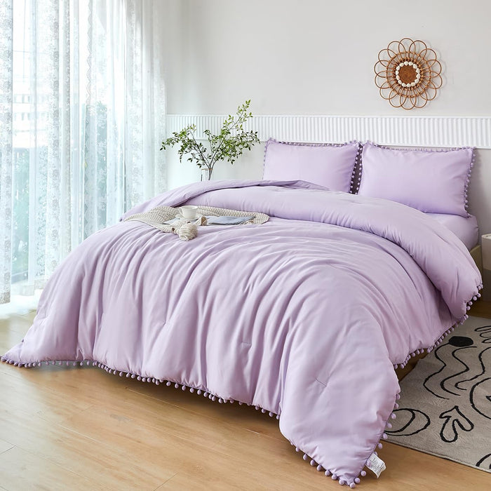 PERFEMET 5 Pcs Pink Pom Pom Comforter Twin Size Aesthetic Boho Pom Fringe Bedding Set with Sheet Ultra Soft Lightweight Farmhouse Bedding Quilt Set for Girls Kids(Pink, Twin)