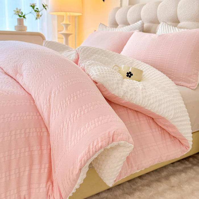 Boho Comforter Set Full Size Striped Pleats Bohemian Seersucker Bedding Set All Season Soft Cozy 3 Pieces Quilt with 2 Pillowcases(80"X90" Light Blue)