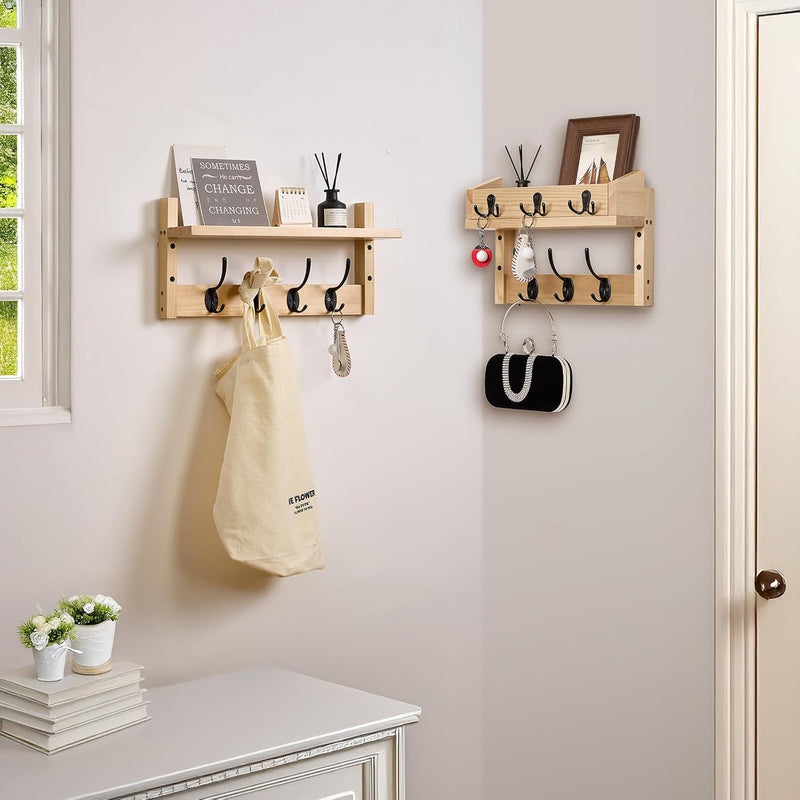 28.9" Wall Hanger Coat Rack Key Holder Wall Mount with Shelf,11Shelf with Coat Hooks Wall Mount, Coat Hangers for Bathroom, Living Room, Bedroom (Wood Color)