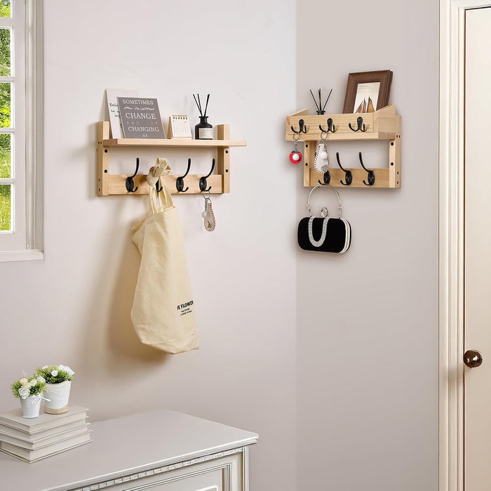 28.9" Wall Hanger Coat Rack Key Holder Wall Mount with Shelf,11Shelf with Coat Hooks Wall Mount, Coat Hangers for Bathroom, Living Room, Bedroom (Wood Color)