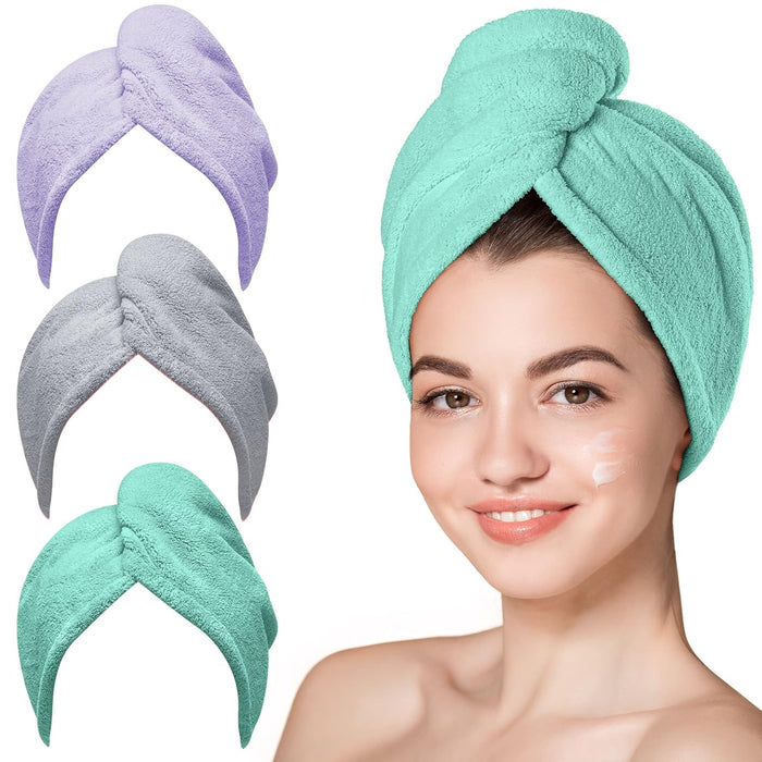 Hicober Microfiber Hair Towel Wrap, Fast Drying Hair Towels for Women, Soft Lightweight Quick Dry Turban for Curly & Long Hair–3 Pack(Blue/Grey/Pink)