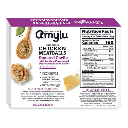 Amylu Foods Roasted Garlic Chicken Meatballs, Natural Ingredients, 15g of Protein, Chicken Raised with No Antibiotics, Fully Cooked, Gluten-Free, Pork-Free, No Nitrates or Nitrites, 10 oz