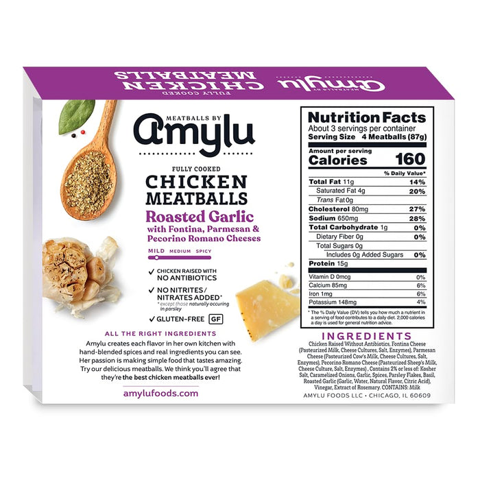 Amylu Foods Roasted Garlic Chicken Meatballs, Natural Ingredients, 15g of Protein, Chicken Raised with No Antibiotics, Fully Cooked, Gluten-Free, Pork-Free, No Nitrates or Nitrites, 10 oz