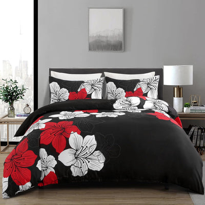 Menghomeus Black Comforter Set Queen Red and White Floral Comforter with 2 Pillowcases Modern Bedding Sets Lightweight Bed Set for All Season